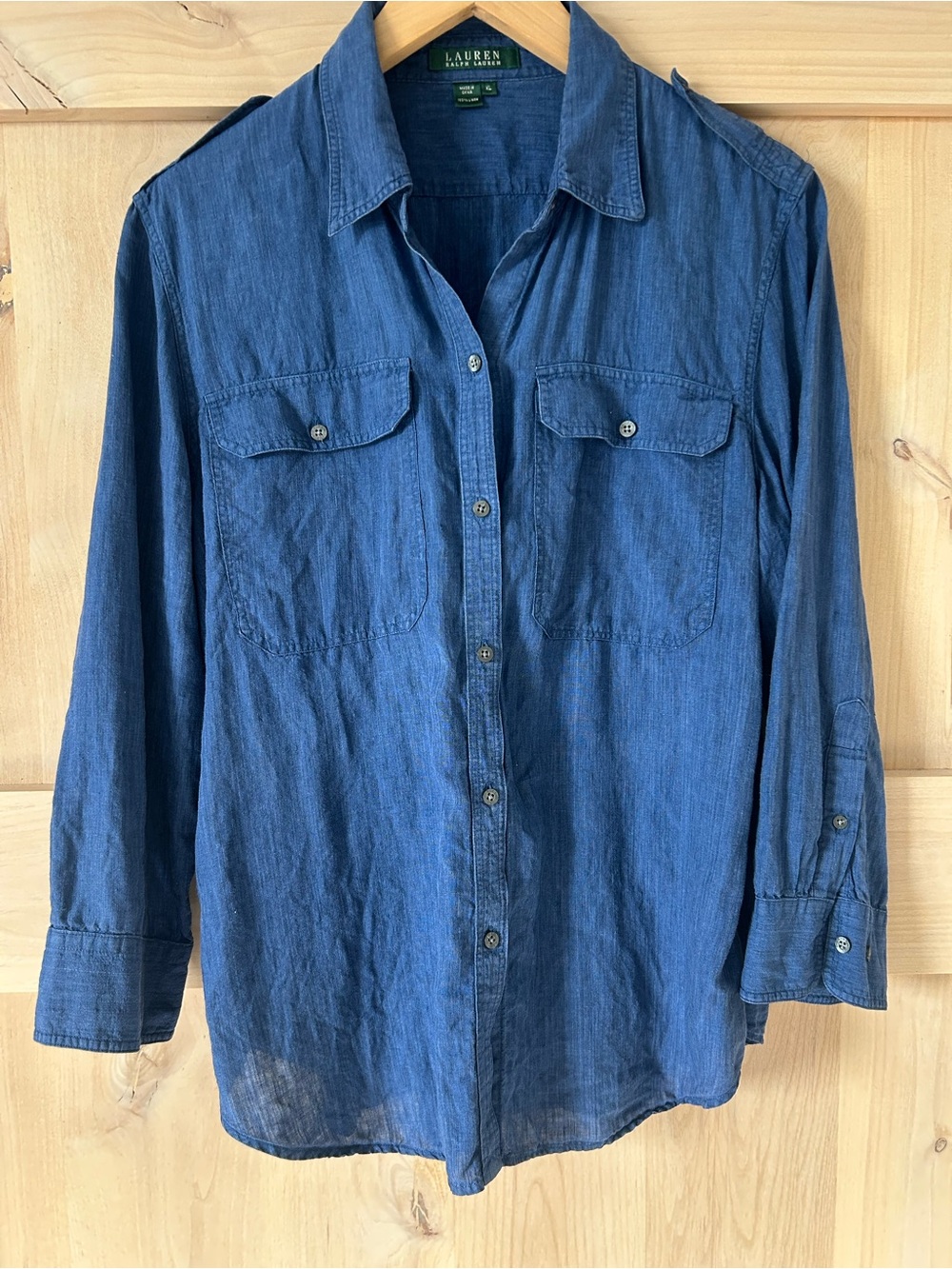 Lauren Ralph Lauren Women’s Deep Blue 100% Linen Button-Front Shirt, XL